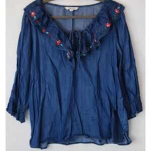 The Pioneer Woman Southwest Ruffle Chambray Embroidered Top  Large Floral EUC